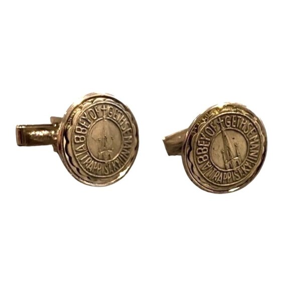 Vtg Goldtone Round Cufflinks Embossed With “Trappist Abbey of Gethsemane, KY” - Picture 1 of 3